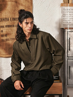 Men's Japanese Retro Mock Two-Piece Long Sleeve Shirt - Army Green - Model Side Pose