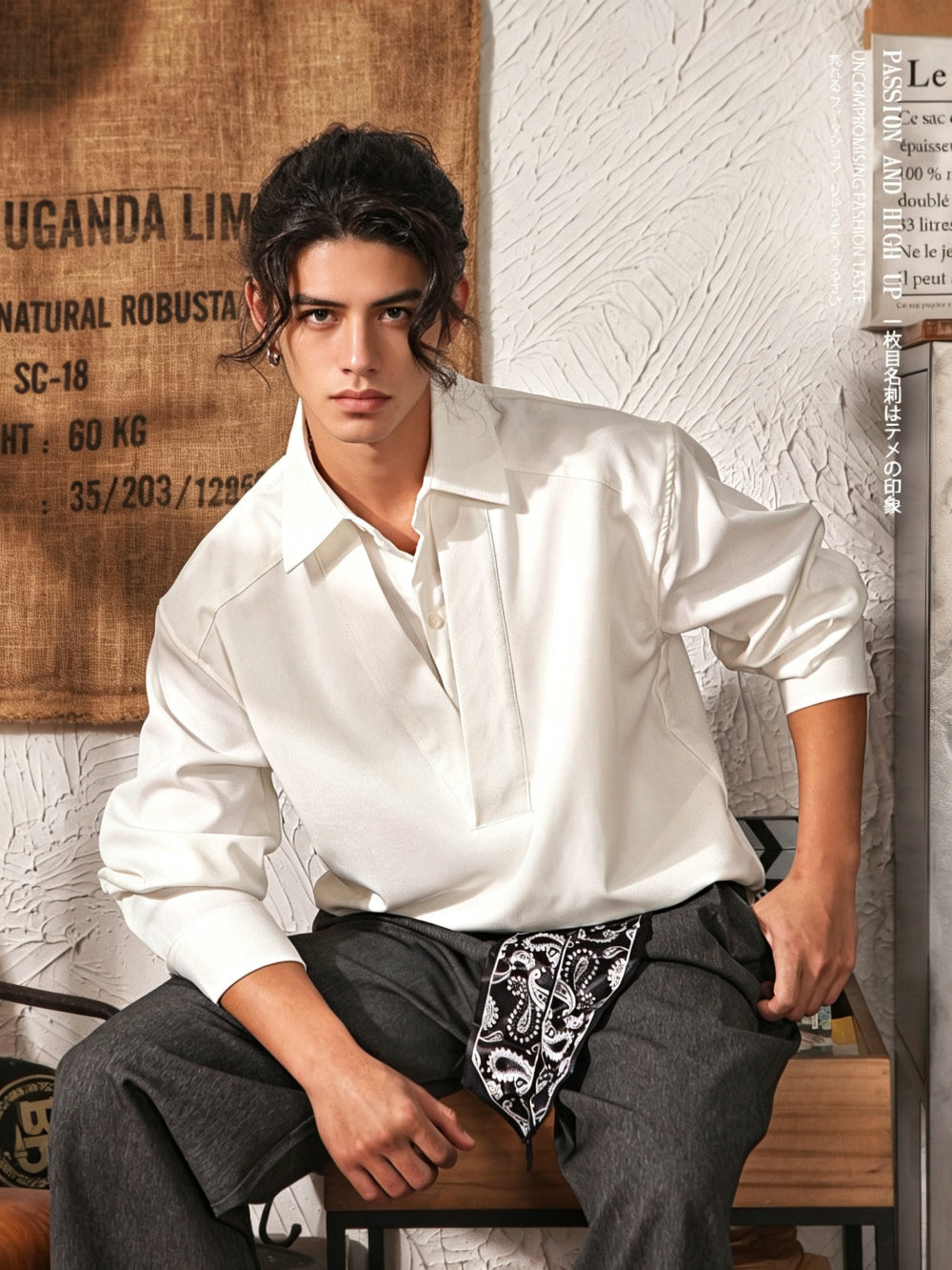 Men's Japanese Retro Mock Two-Piece Long Sleeve Shirt - White - Model Casual Pose