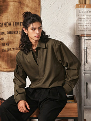 Men's Japanese Retro Mock Two-Piece Long Sleeve Shirt - Army Green - Model Side Pose