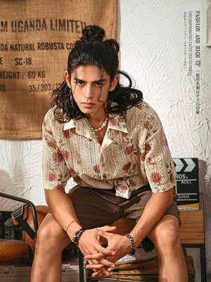 Men's Japanese Retro Hollow Short Sleeve Shirt - Beige Floral - Model Leaning Forward