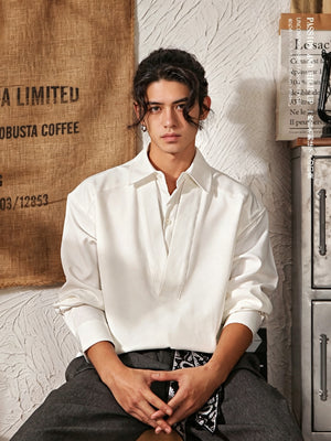Men's Japanese Retro Mock Two-Piece Long Sleeve Shirt - White - Model Sitting Pose