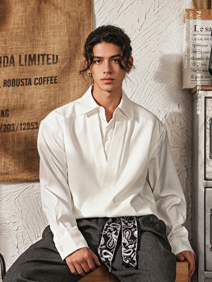 Men's Japanese Retro Mock Two-Piece Long Sleeve Shirt - White - Model Front Pose