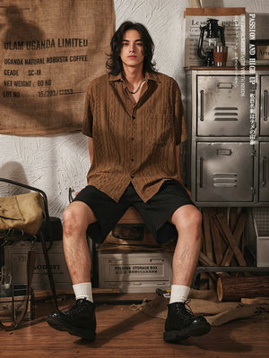 Men's Vintage Ethnic Style Hollow Short Sleeve Shirt - Brown - Model Front Sitting Pose