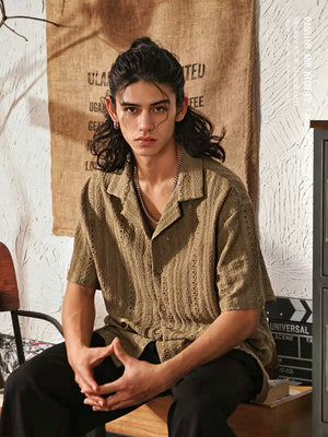 Men's High-End Hollowed-Out Cuban Collar Short Sleeve Shirt - Khaki - Model Hands Clasped
