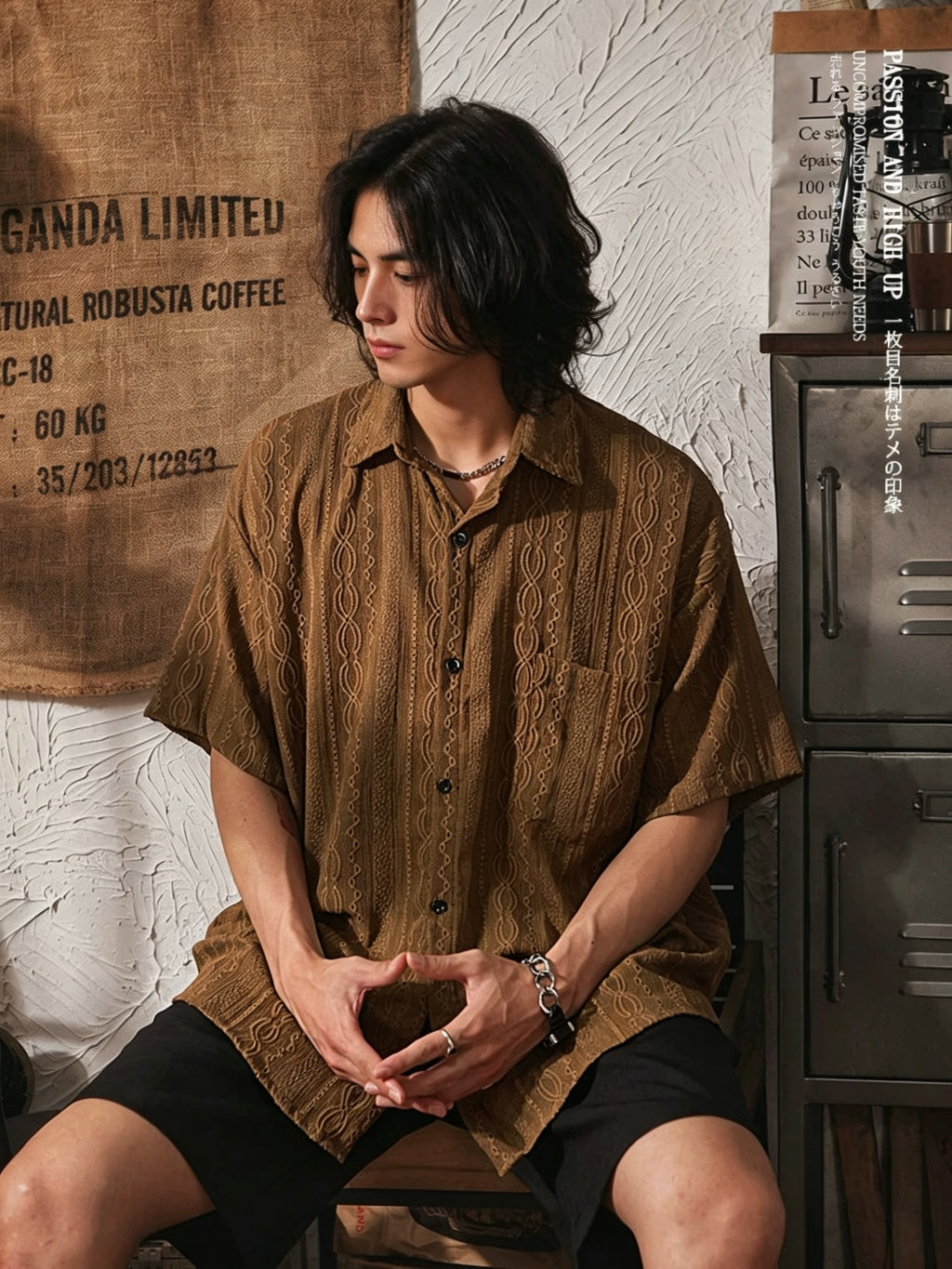 Men's Vintage Ethnic Style Hollow Short Sleeve Shirt - Brown - Model Looking Down
