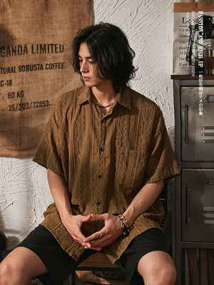Men's Vintage Ethnic Style Hollow Short Sleeve Shirt - Brown - Model Looking Down