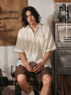 Men's Vintage Ethnic Style Hollow Short Sleeve Shirt - Cream - Model Front Sitting with Cup