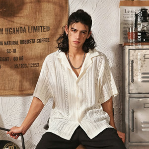 Men's High-End Hollowed-Out Cuban Collar Short Sleeve Shirt - White - Square Crop