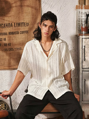 Men's High-End Hollowed-Out Cuban Collar Short Sleeve Shirt - White - Model Sitting Pose