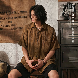 Men's Vintage Ethnic Style Hollow Short Sleeve Shirt - Brown - Square Crop Side Pose