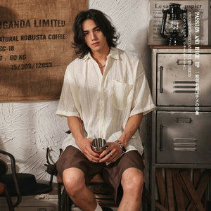 Men's Vintage Ethnic Style Hollow Short Sleeve Shirt - Cream - Square Crop Front with Cup