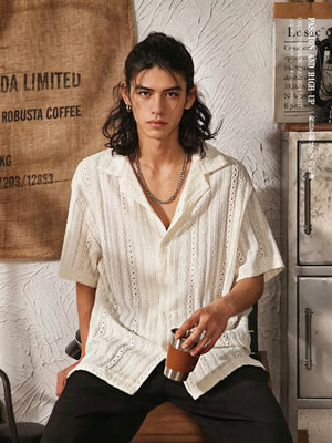 Men's High-End Hollowed-Out Cuban Collar Short Sleeve Shirt - White - Model Holding Cup
