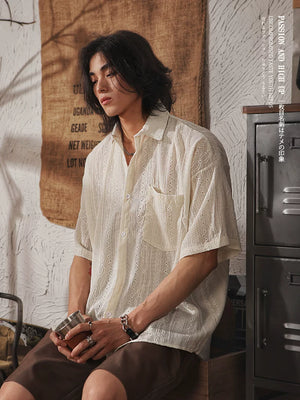 Men's Vintage Ethnic Style Hollow Short Sleeve Shirt | Summer Jacquard Seaside Vacation Top