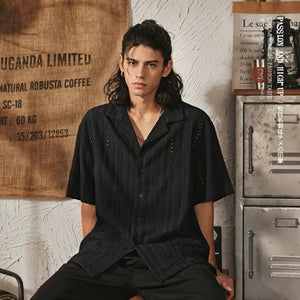 Men's High-End Hollowed-Out Cuban Collar Short Sleeve Shirt - Black - Square Crop