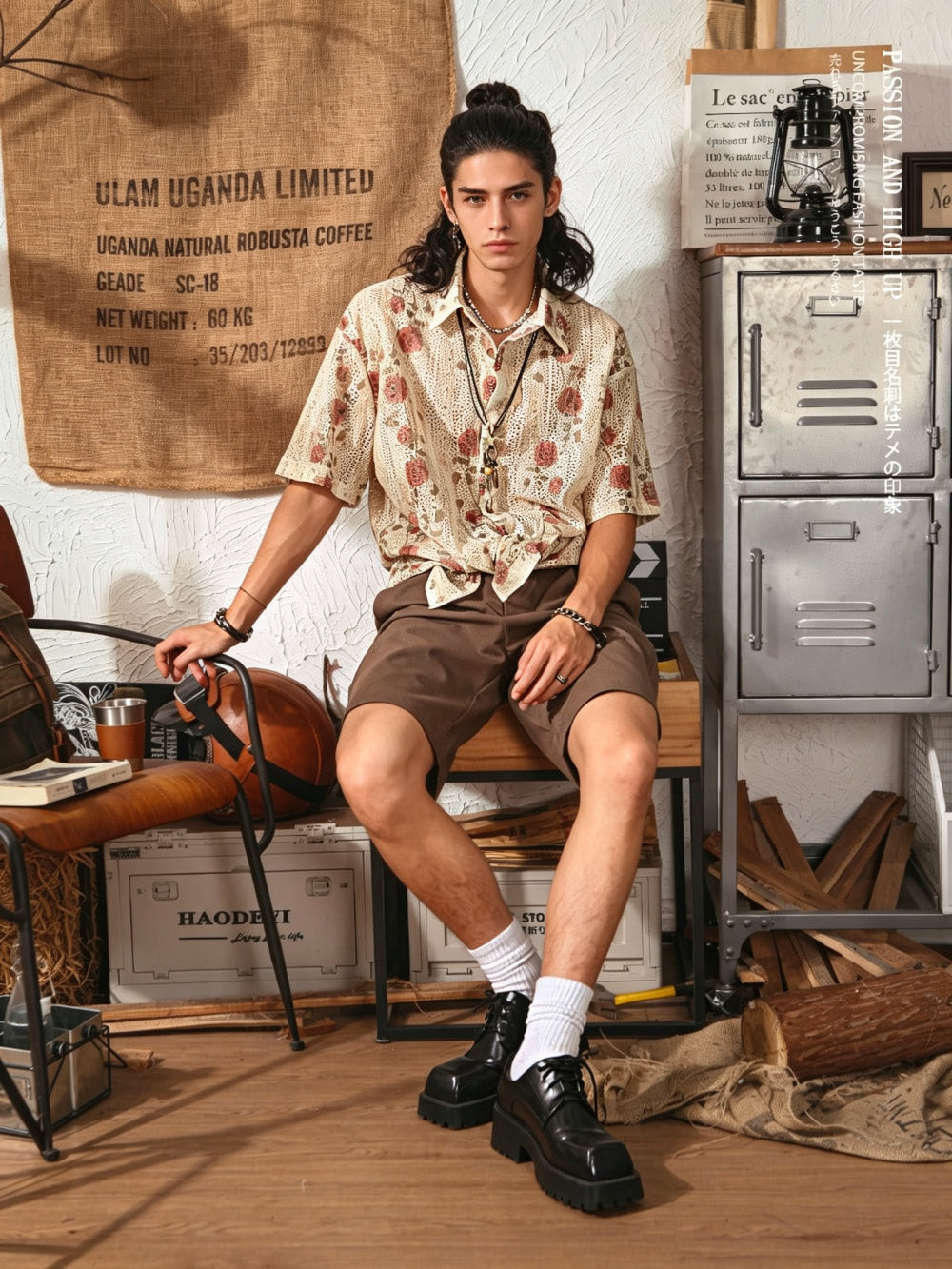 Men's Japanese Retro Hollow Short Sleeve Shirt - Beige Floral - Model Full Body Front View