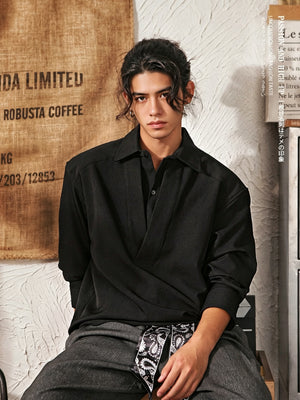 Men's Japanese Retro Mock Two-Piece Long Sleeve Shirt - Black - Model Sitting Pose
