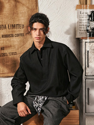Men's Japanese Retro Mock Two-Piece Long Sleeve Shirt - Black - Model Hands in Pockets