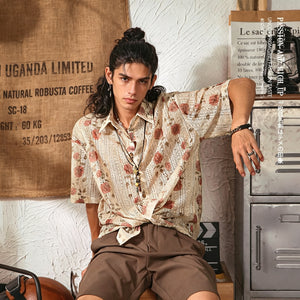 Men's Japanese Retro Hollow Short Sleeve Shirt - Beige Floral - Square Model Photo 2