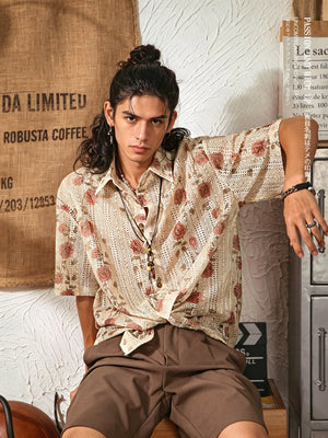 Men's Japanese Retro Hollow Short Sleeve Shirt - Beige Floral - Model Sitting Pose