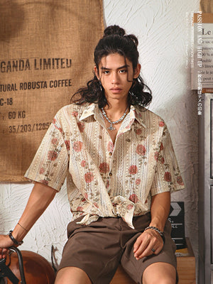 Men's Japanese Retro Hollow Short Sleeve Shirt | Casual Beach Hawaiian Vacation Top