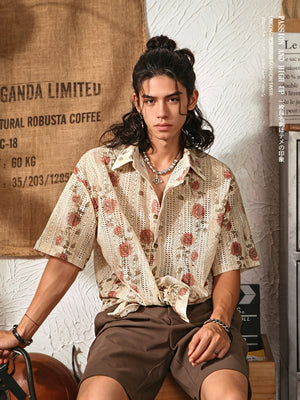 Men's Japanese Retro Hollow Short Sleeve Shirt - Beige Floral - Model Front View