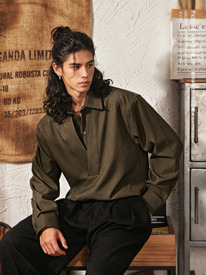 Men's Japanese Retro Mock Two-Piece Long Sleeve Shirt - Army Green - Model Side Pose