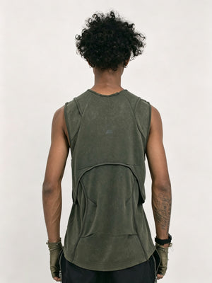 Men's Distressed Sleeveless Vest - Moss Green Back View