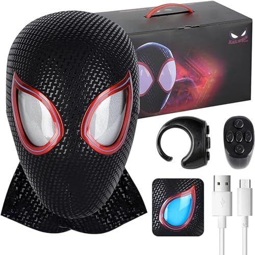 Spiderman Mask with LED Lights Moving Eyes, Ring Remote, Halloween Role Play Mask Costume for Teens and Adults, Realistic Full Face Cosplay Prop for Christmas & Birthday Parties