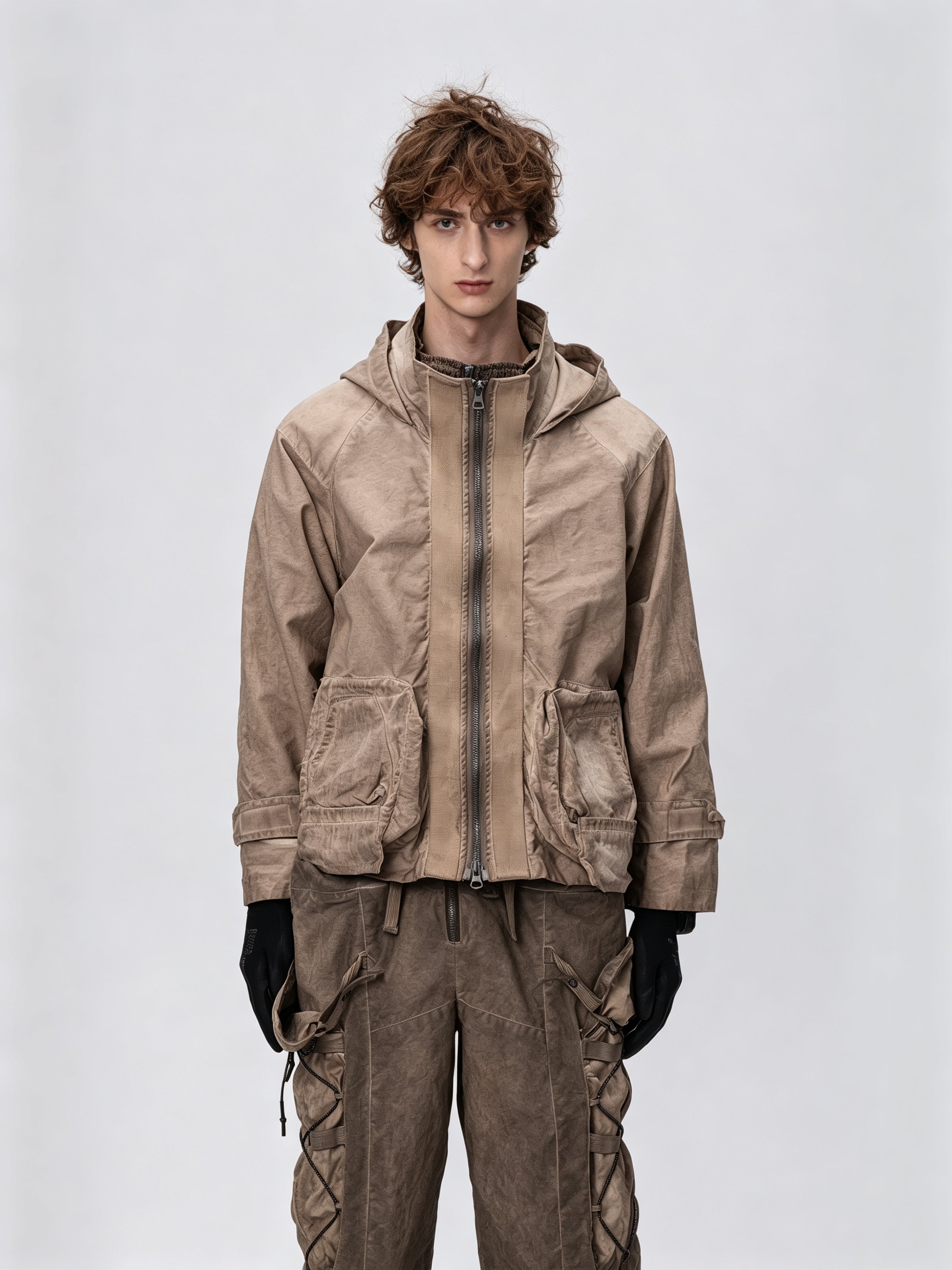 Dirty Dye Hooded Jacket Gravel Brown - Front View
