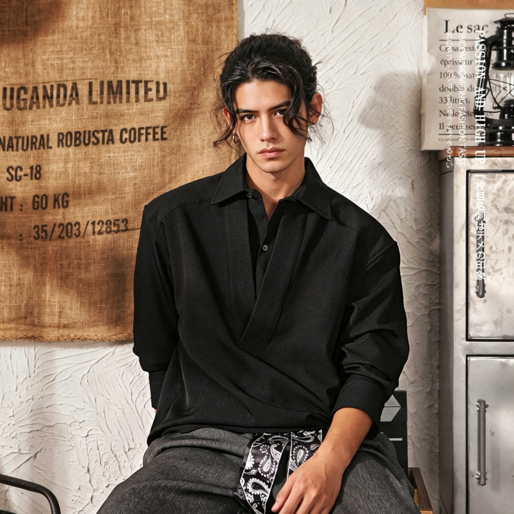 Men's Japanese Retro Mock Two-Piece Long Sleeve Shirt - Black - Square Crop