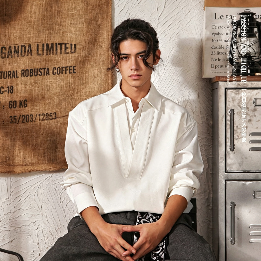 Men's Japanese Retro Mock Two-Piece Long Sleeve Shirt - White - Square Crop