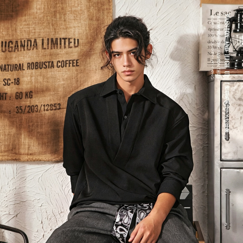 Men's Japanese Retro Mock Two-Piece Long Sleeve Shirt - Black - Square Crop