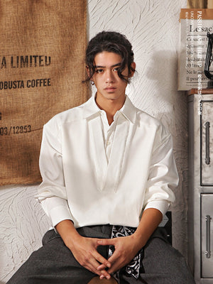 Men's Japanese Retro Mock Two-Piece Long Sleeve Shirt | Loose Casual High-End Design Jacket