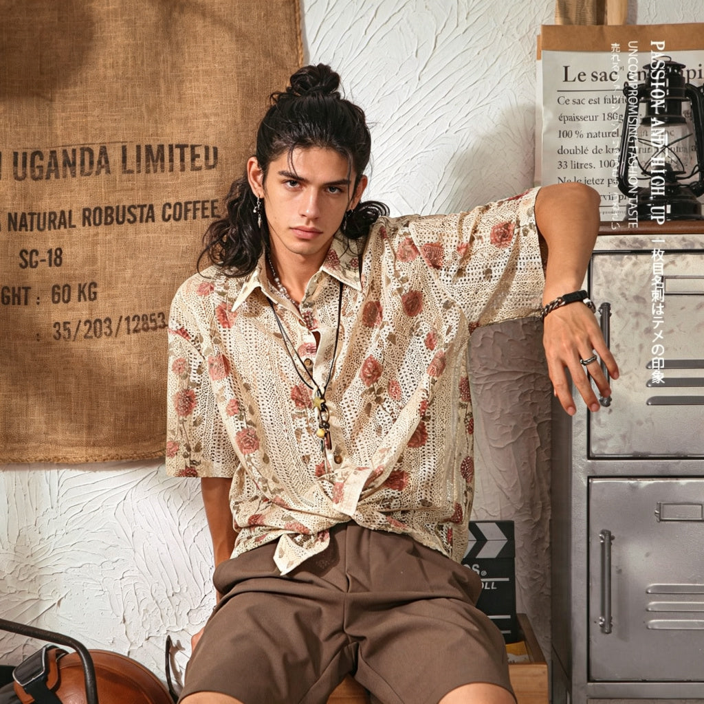 Men's Japanese Retro Hollow Short Sleeve Shirt - Beige Floral - Square Model Photo 3