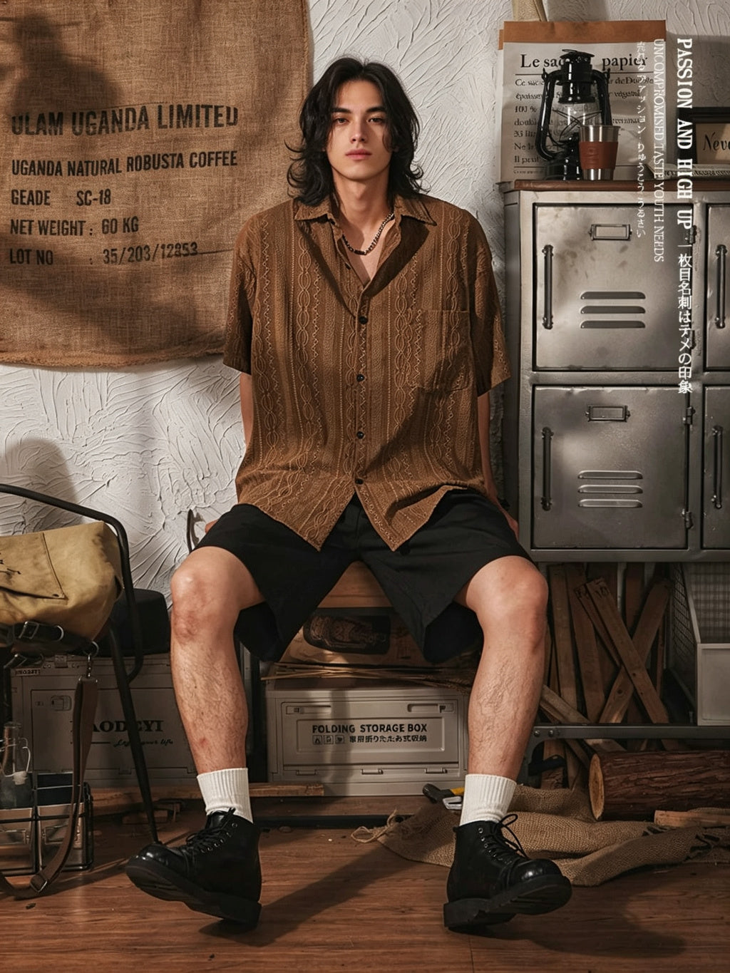 Men's Vintage Ethnic Style Hollow Short Sleeve Shirt - Brown - Model Front Sitting Pose