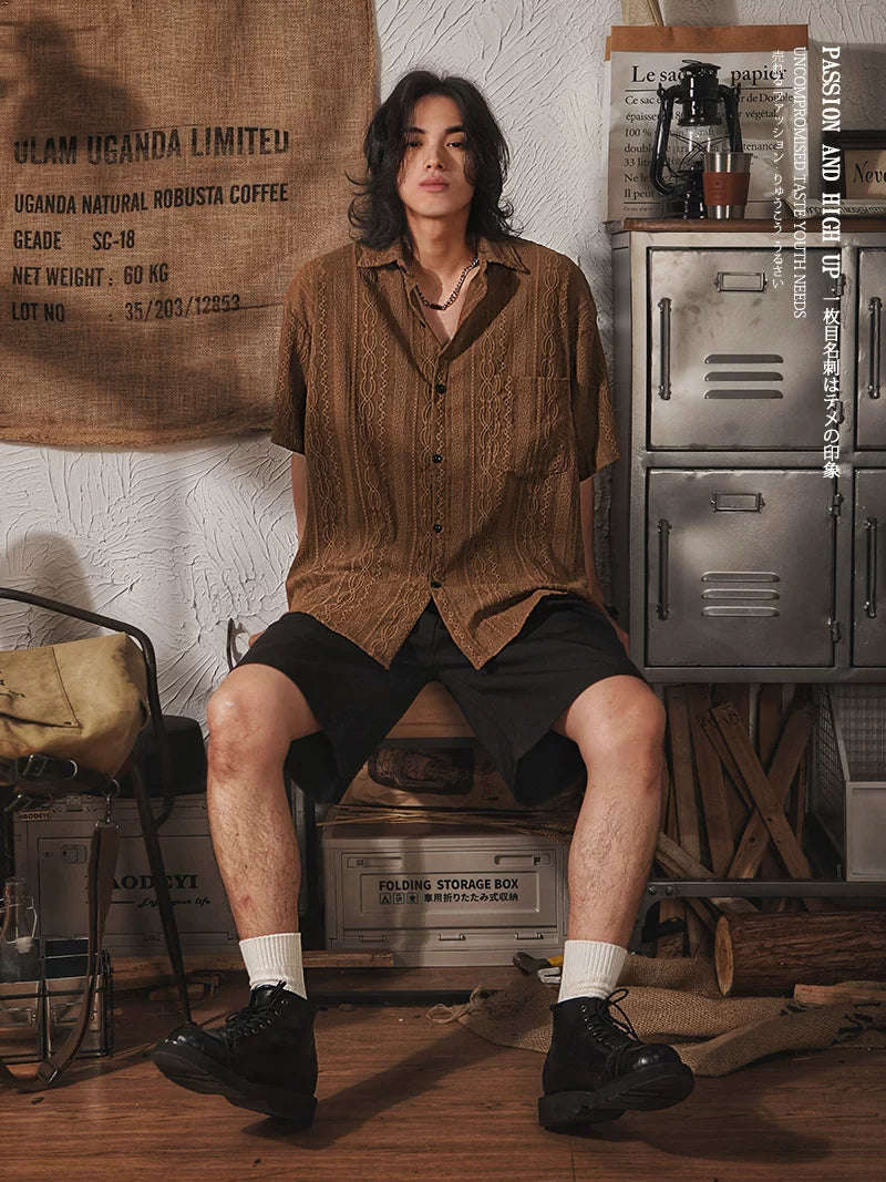 Men's Vintage Ethnic Style Hollow Short Sleeve Shirt | Summer Jacquard Seaside Vacation Top