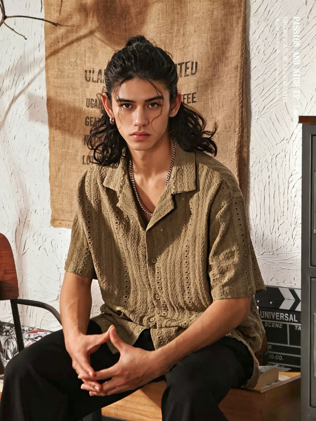 Men's High-End Hollowed-Out Cuban Collar Short Sleeve Shirt - Khaki - Model Hands Clasped