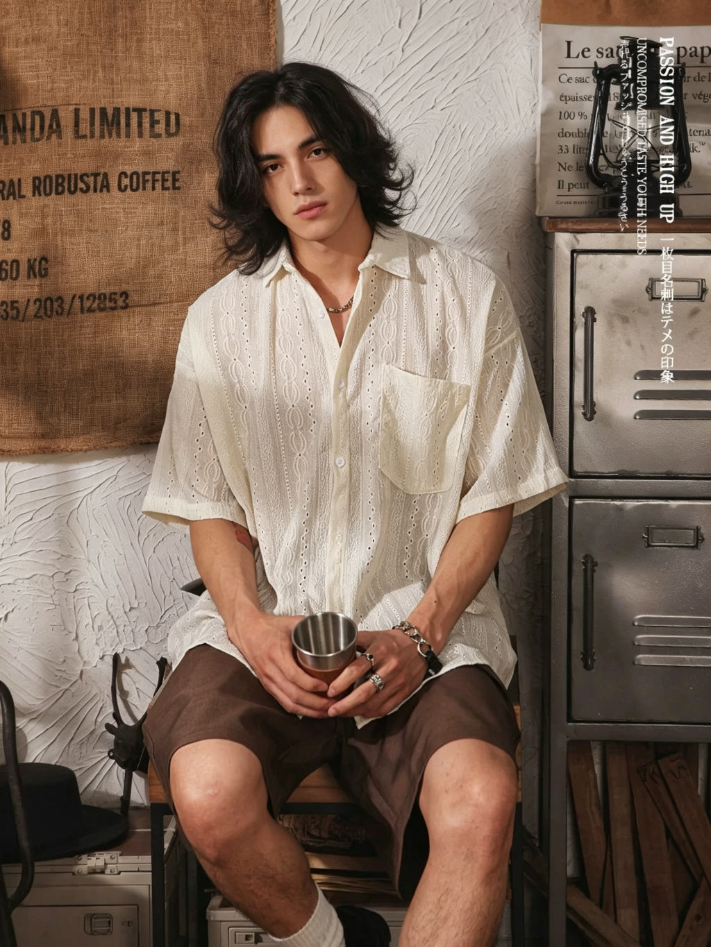 Men's Vintage Ethnic Style Hollow Short Sleeve Shirt - Cream - Model Front Sitting with Cup