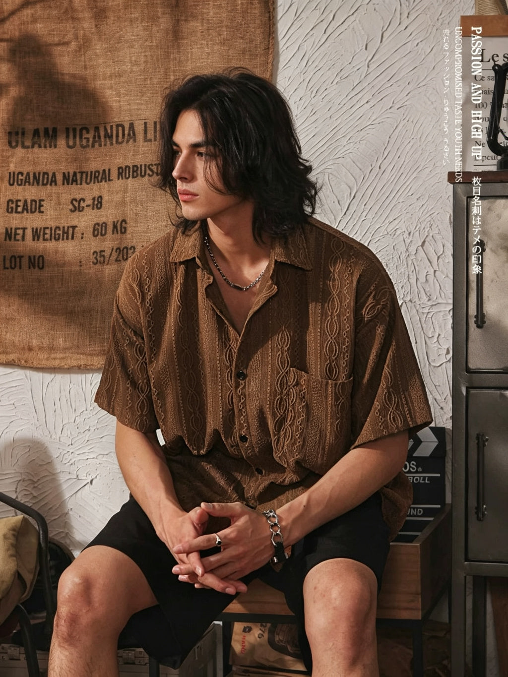 Men's Vintage Ethnic Style Hollow Short Sleeve Shirt - Brown - Model Side Pose