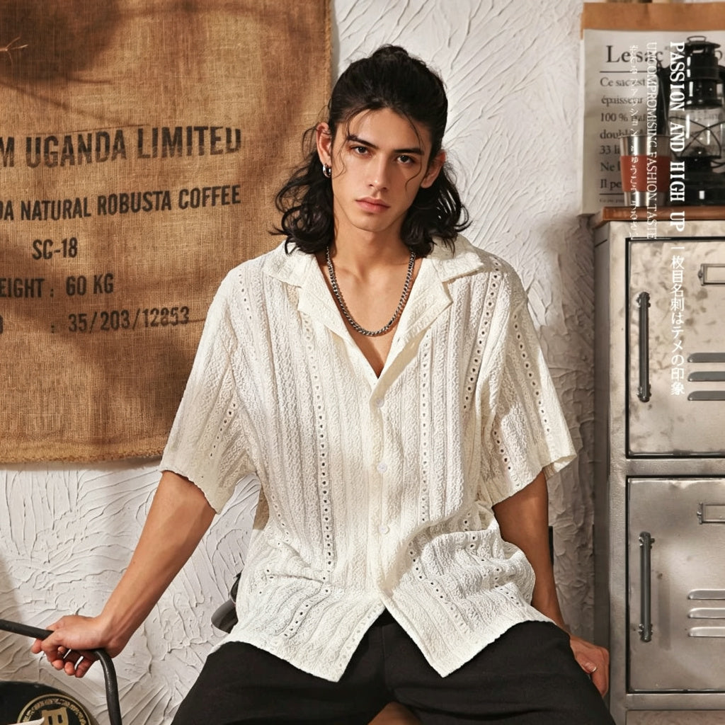 Men's High-End Hollowed-Out Cuban Collar Short Sleeve Shirt - White - Square Crop