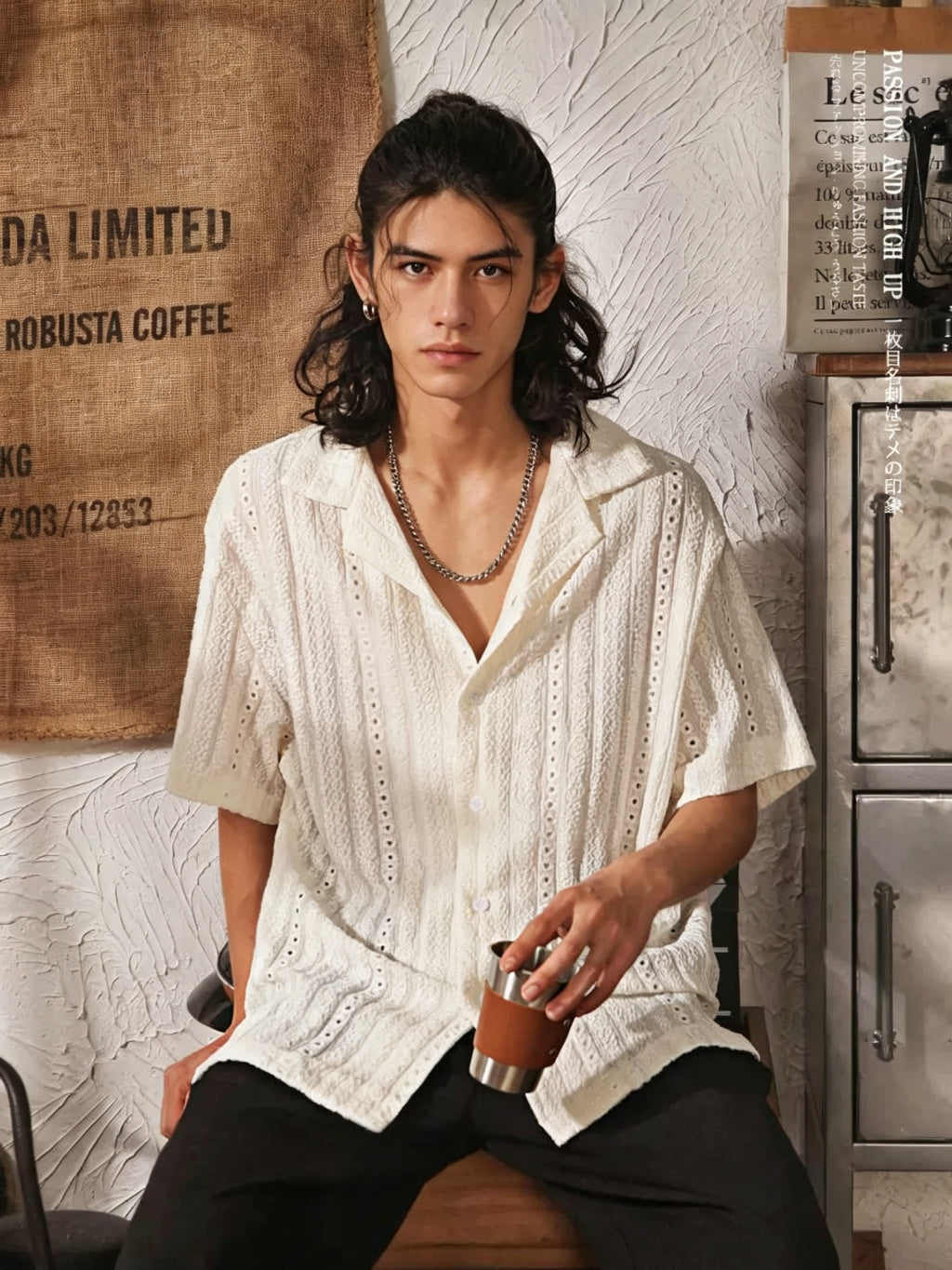 Men's High-End Hollowed-Out Cuban Collar Short Sleeve Shirt - White - Model Holding Cup