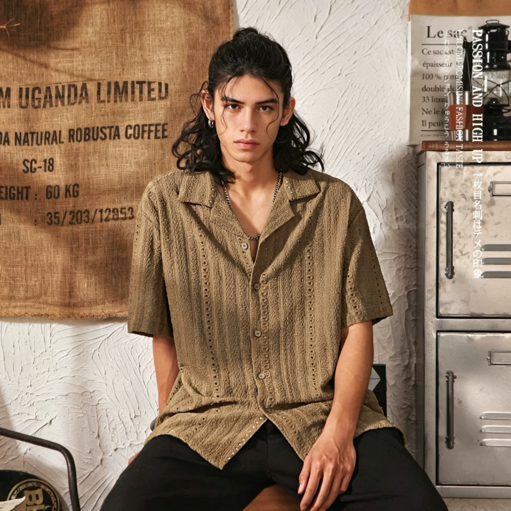 Men's High-End Hollowed-Out Cuban Collar Short Sleeve Shirt - Khaki - Square Crop