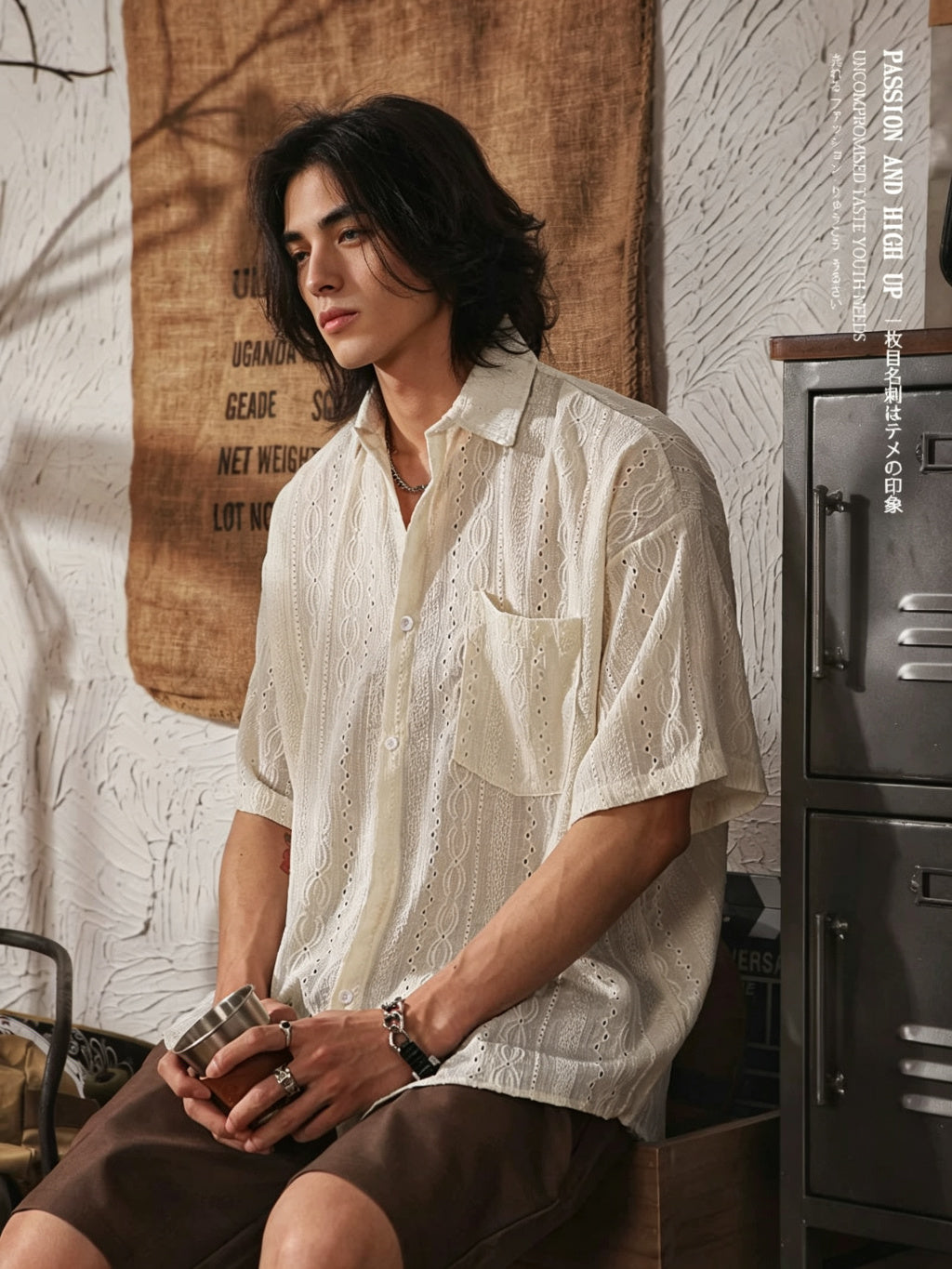 Men's Vintage Ethnic Style Hollow Short Sleeve Shirt - Cream - Model Side Pose with Cup