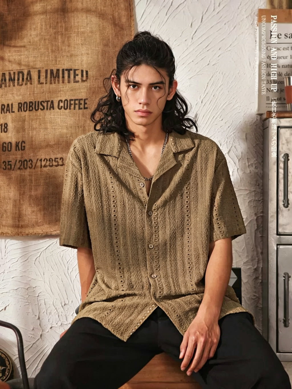 Men's High-End Hollowed-Out Cuban Collar Short Sleeve Shirt - Khaki - Model Sitting Pose