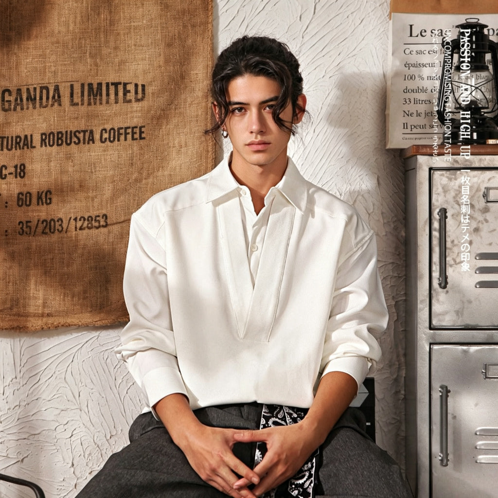 Men's Japanese Retro Mock Two-Piece Long Sleeve Shirt - White - Square Crop