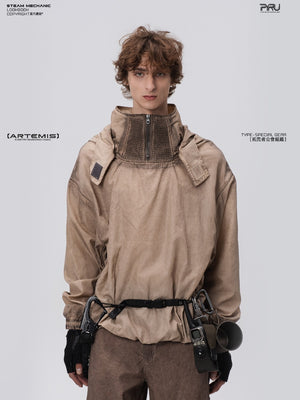 Distressed stand collar hooded sweatshirt – Moonlight Blue front view
