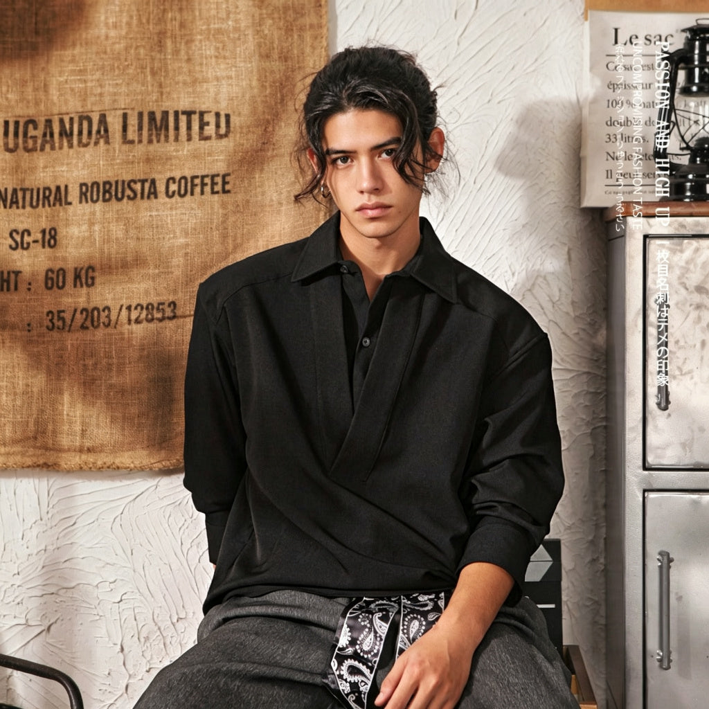 Men's Japanese Retro Mock Two-Piece Long Sleeve Shirt - Black - Square Crop