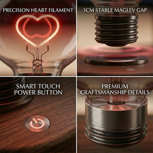 Close-up of floating heart light mechanism, premium desktop art piece showing magnetic suspension technology