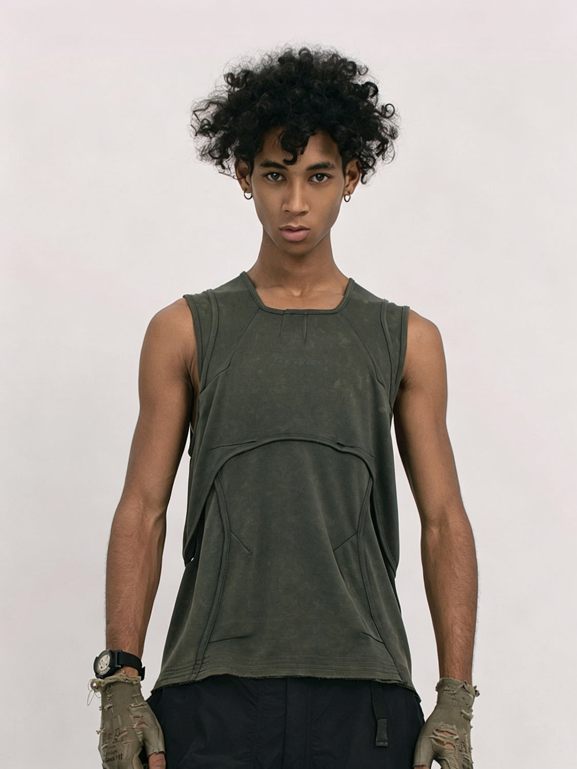Men's Distressed Sleeveless Vest - Moss Green Front View