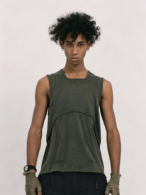 Men's Distressed Sleeveless Vest - Moss Green Front View